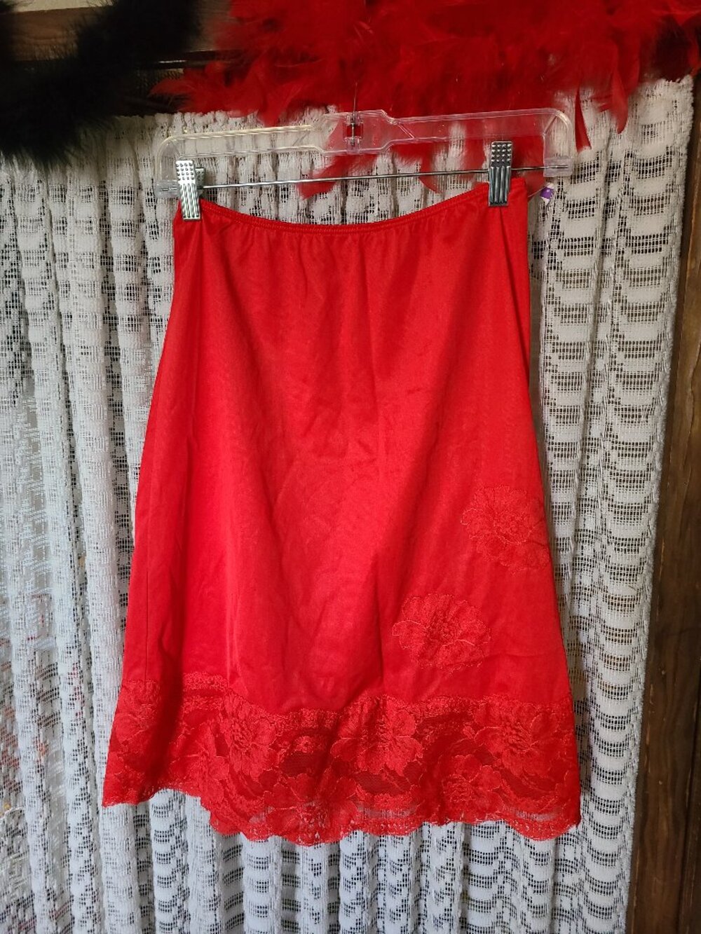VTG 1960s SEARS Nylon Bright Red Half Slip 22" Long Sz S Floral Lace Trim